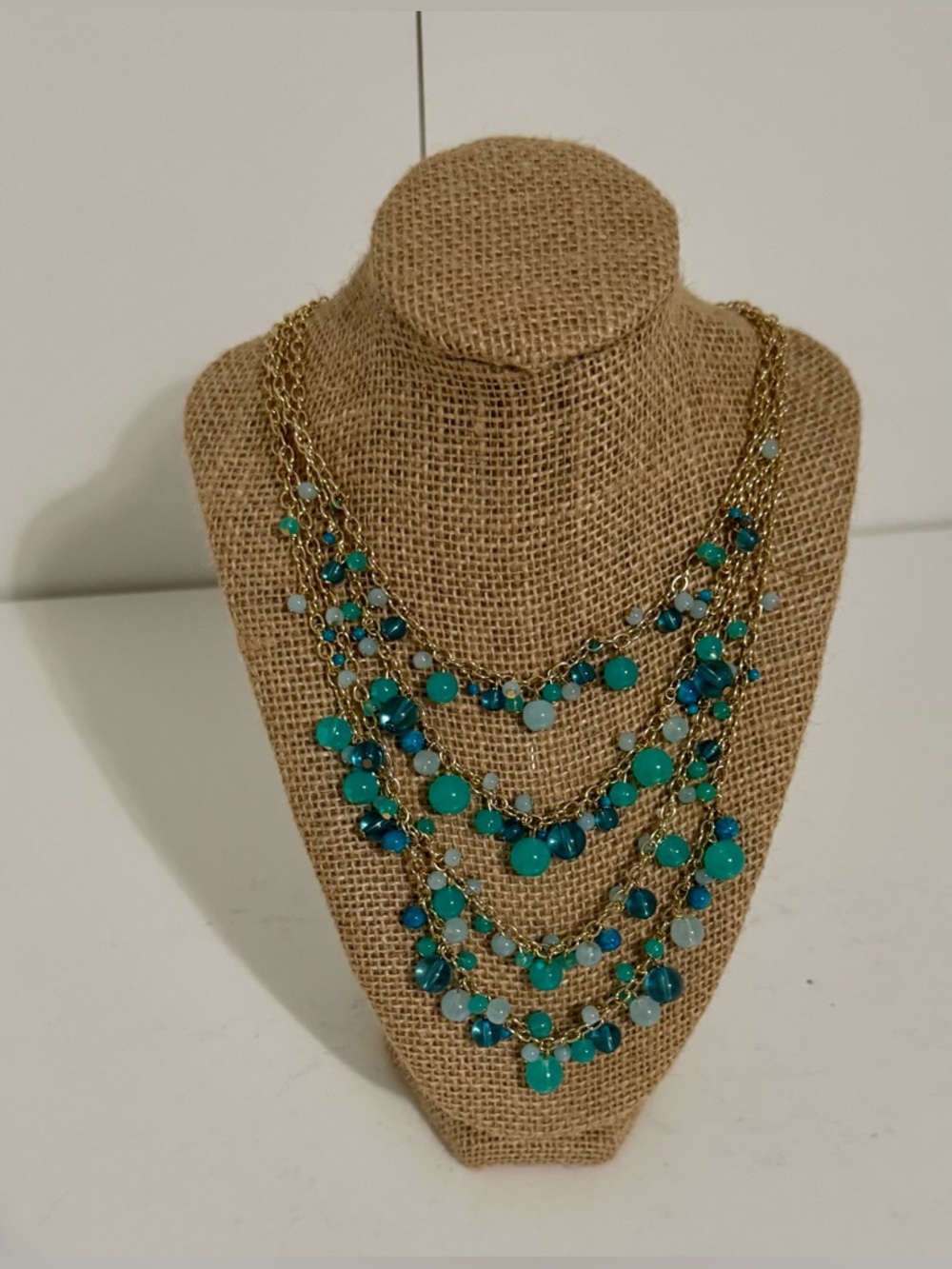 Talbots Multi-Strand Turquoise Beaded Statement Necklace - Gold Chain NWT